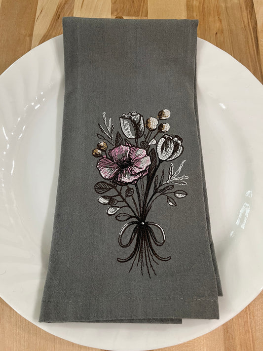 Flower Bouquet Embroidered on Grey Napkin